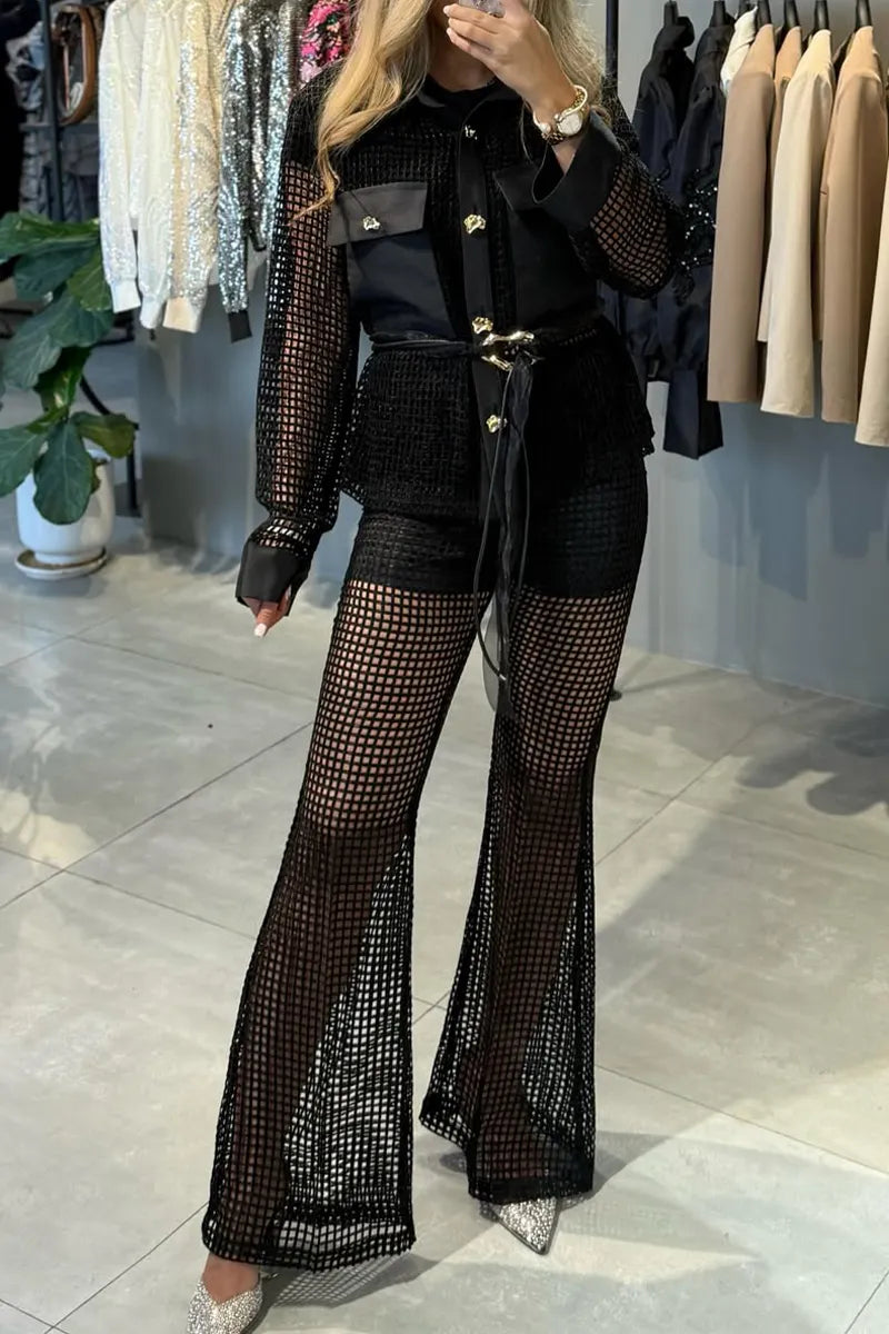 Women Collar Patchwork Pocket Hollowed Out Shirt+ Pants Casual Set