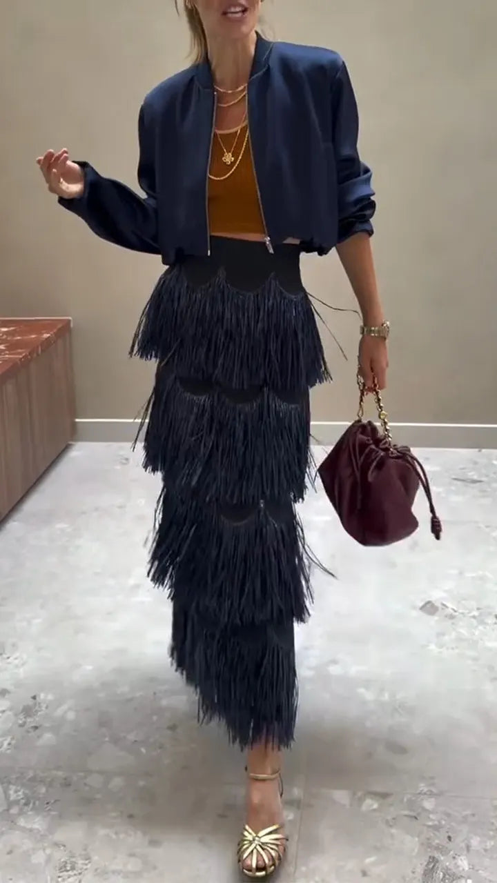 Women Round Neck Jacket + Patchwork Tassel Skirt