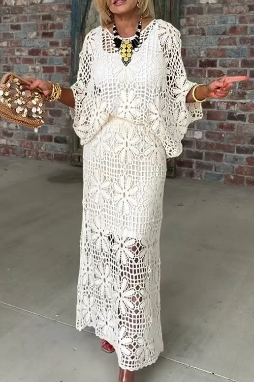 Elegant and Casual Round Neck Patterned Hollow Top or Skirt for Women