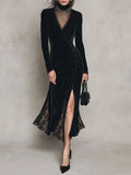 Quiet Luxury Black Velvet Surplice Thigh Slit Midi Dress with Lace Panels