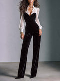 Black Faux-layered Velvet Sweetheart-neck Jumpsuit With White Ruffled Long Sleeves