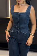 Women Square Neck Buckle Spliced Denim Top or Jeans