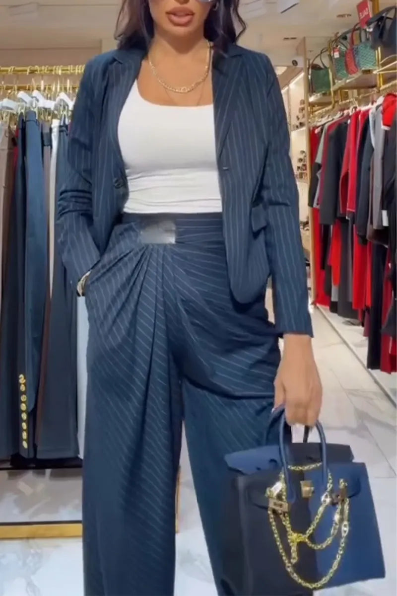 Women Collar Vertical Patterned Jacket + Pants Temperament Commuting Formal Suit