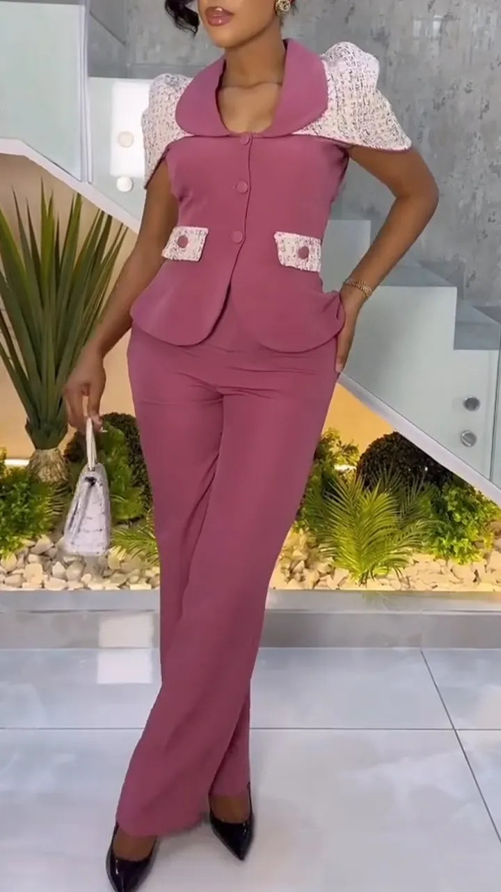 Women Collar Splicing Jacket + Pants Temperament Commuting Set