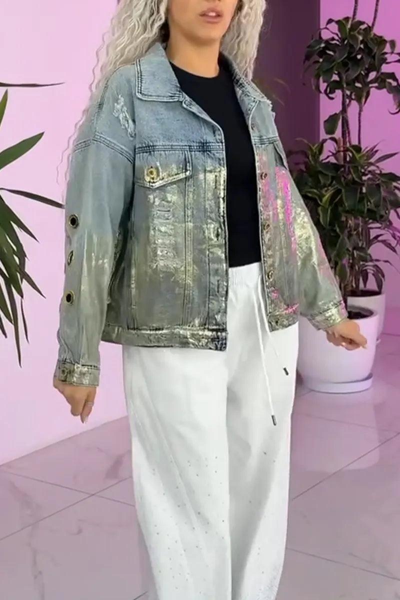 Women's Flip Collar Washed Water Gold Stamping Casual Denim Jacket