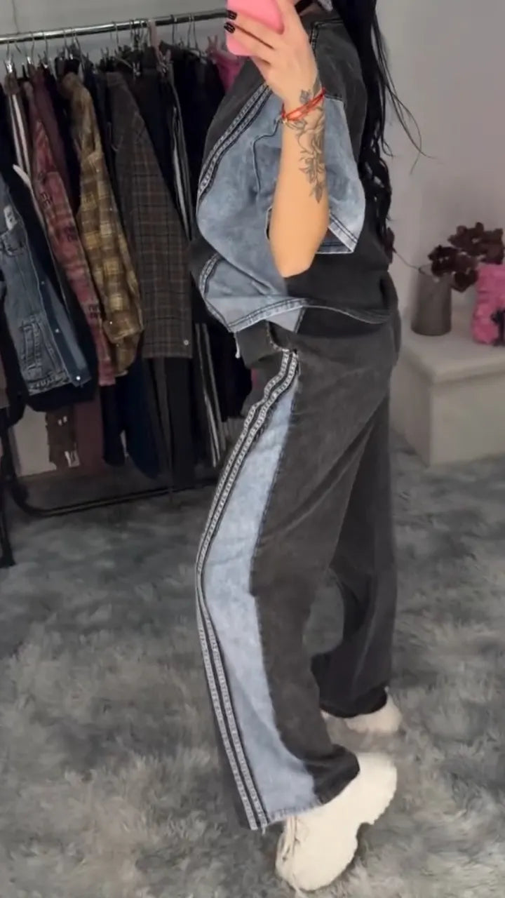 Women Round Neck Patchwork Casual Suit