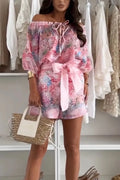Women One Collar Printed Top + Shorts Elegant Casual Suit