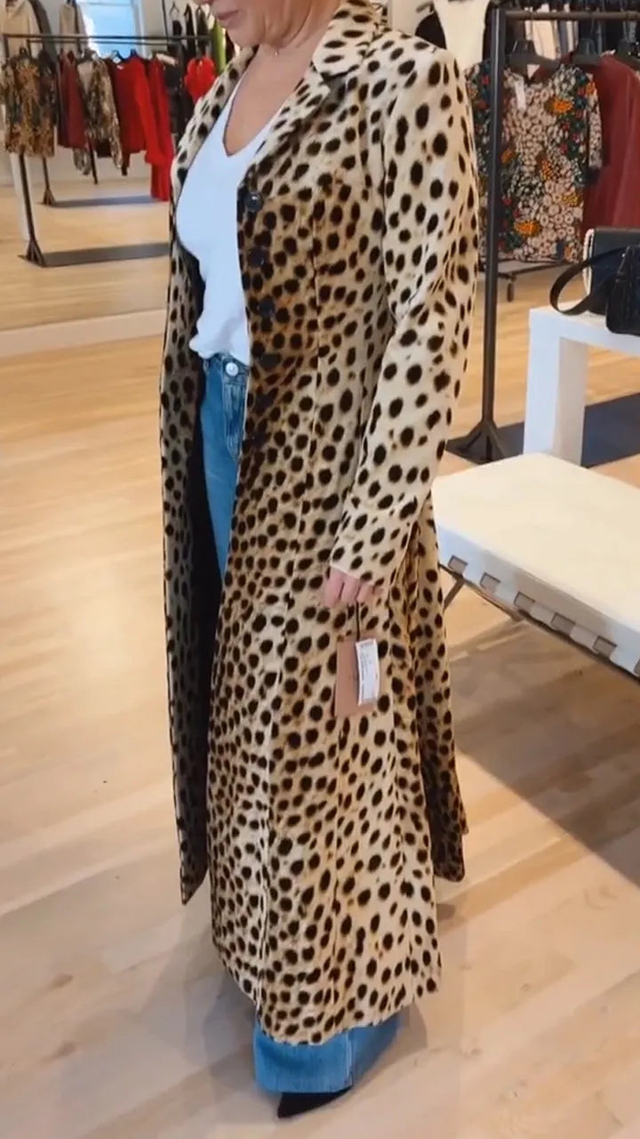 Women Lapel Leopard Print Casual Flared Coat