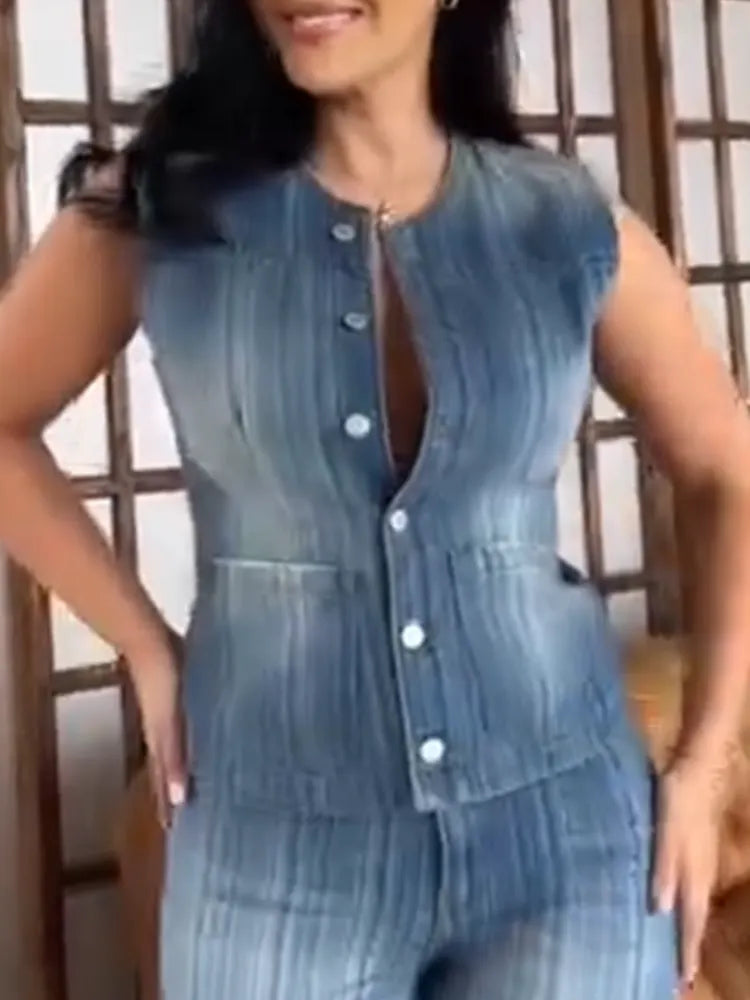 Women Round Neck Vertical Breasted Wash Top+ Pants Casual Denim Suit