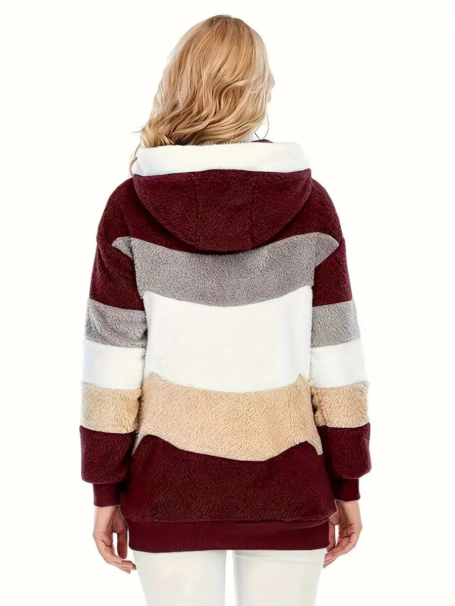 Women's Hooded Contrasting Color Casual Plush Coat