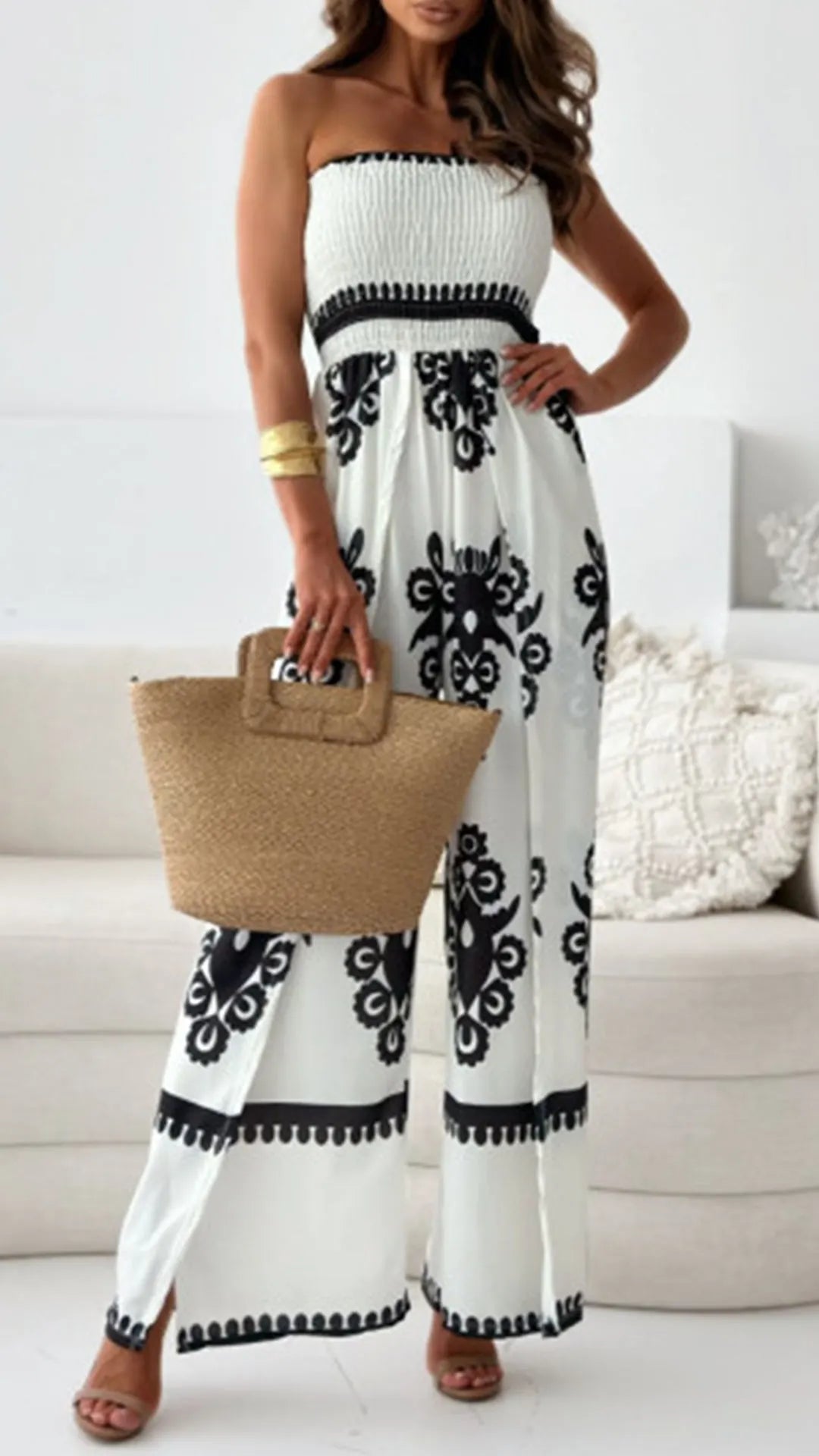 Women's White Jumpsuit Plus Size Tube Top Printed Jumpsuit