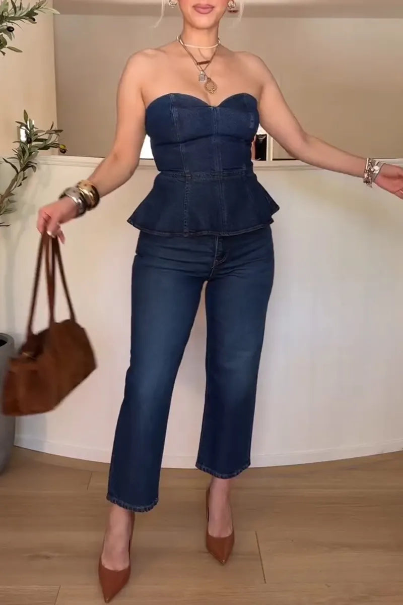 Women's Fashion Flounce Bustier Vest or Straight Jeans