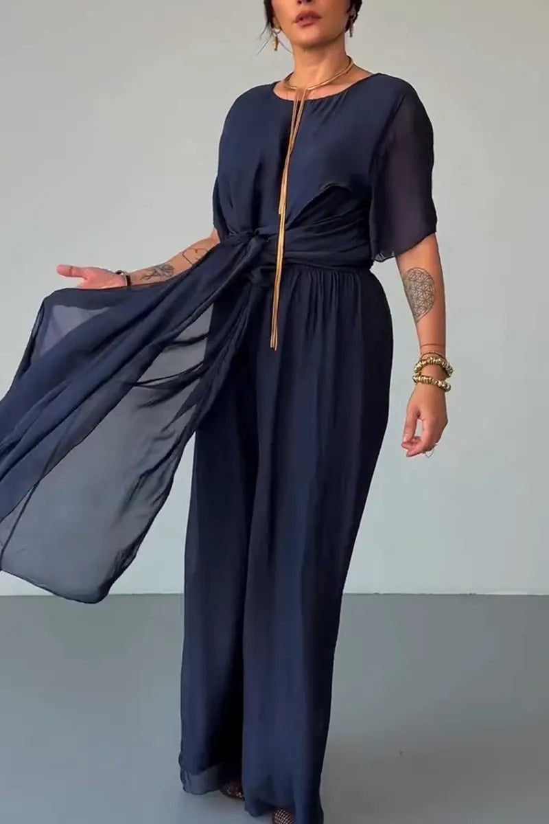 Women Round Neck Irregular Long Chiffon Top+ Wide Leg Pants Casual Suit
