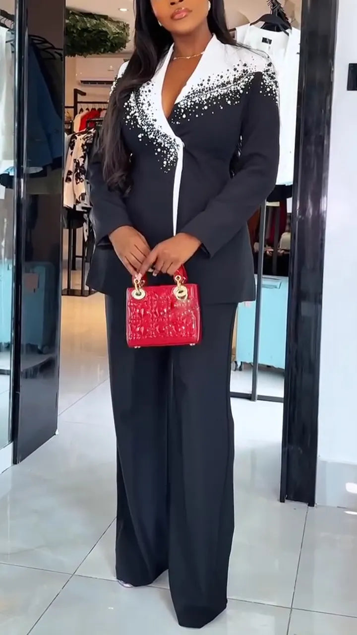 Women V-neck Sticker Diamond Contrasting Color Blazer + Pants Temperament Commuting Suit