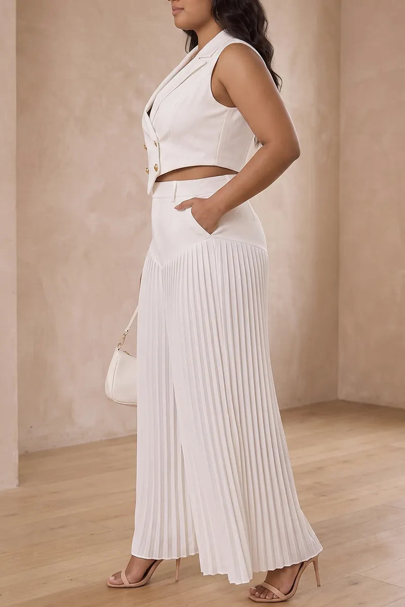 Women's 2-Piece White Double-Breasted Vest  Pleated Wide-Leg Pants Set