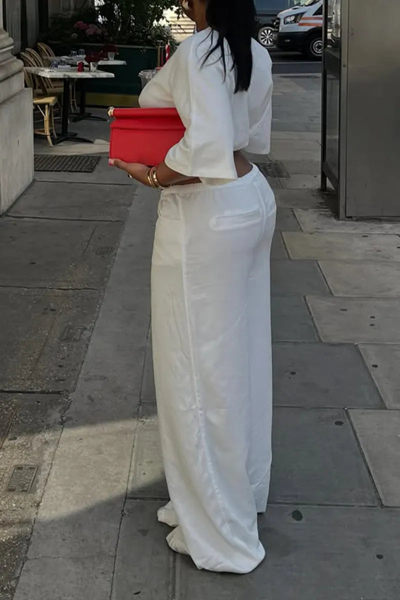 Women V-neck Fitted Top + Drawstring Wide-leg Pants Casual Set