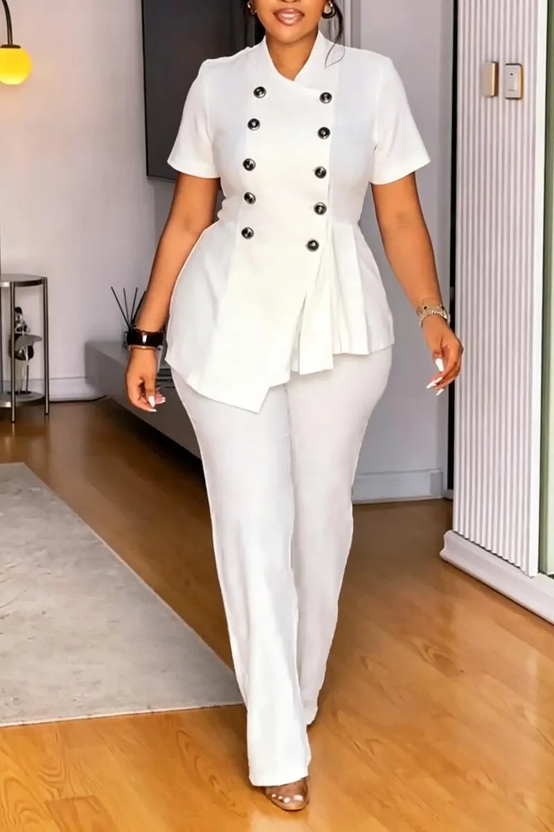 Women Round Neck Double Breasted Top and Pants Casual Suit
