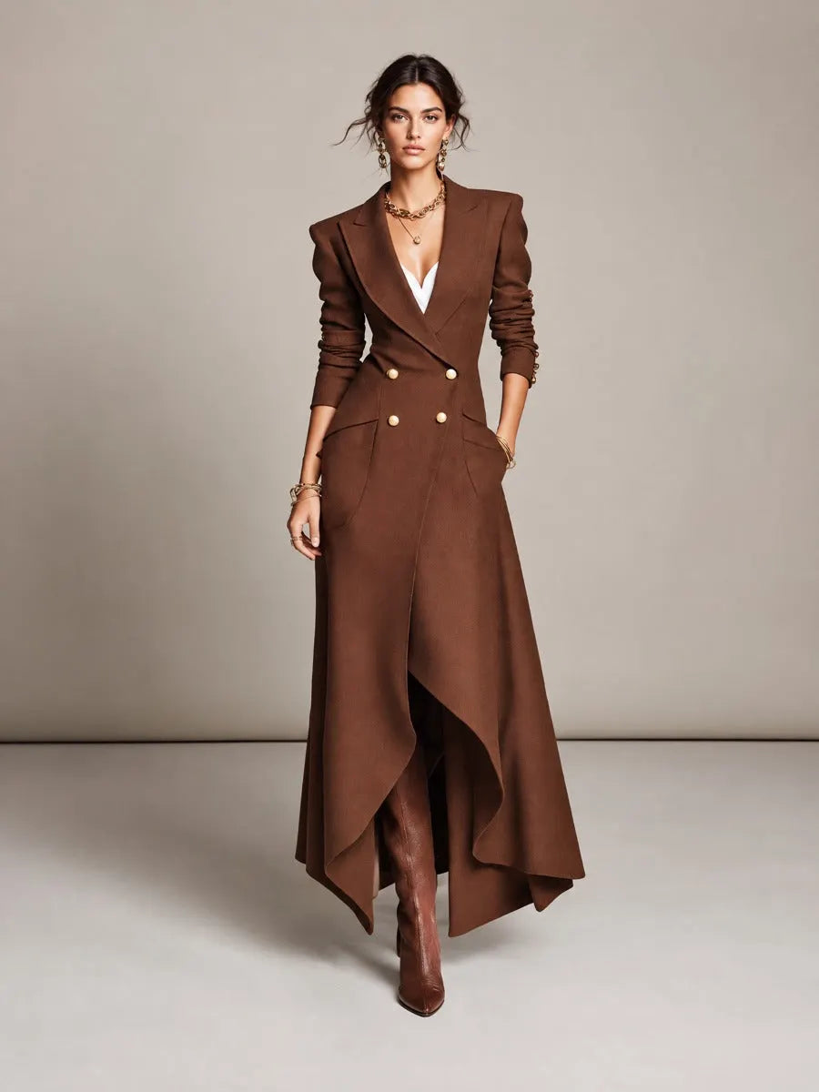 Women's Brown Double-Breasted Gold Buttons Blazer Maxi Dress With Asymmetric Hem