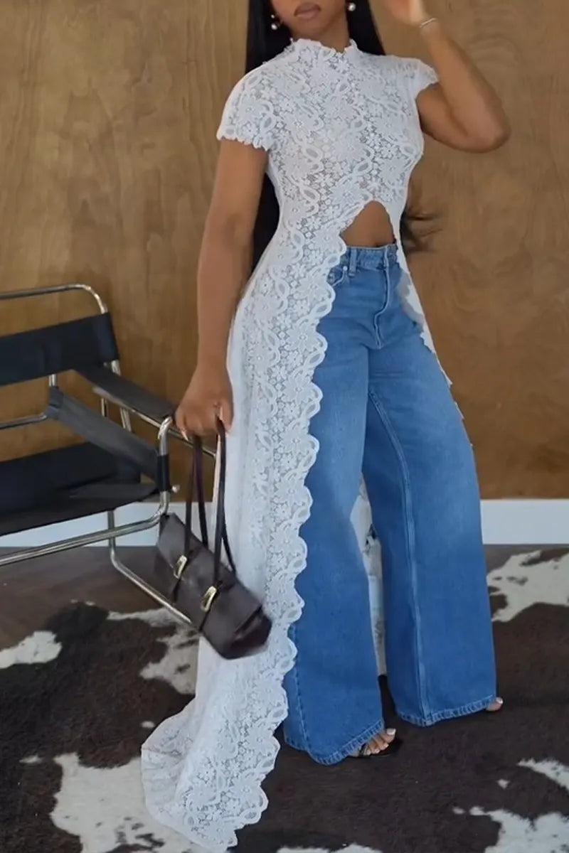Women's Elegant Lace Short Sleeve High-Low Top