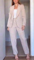 Women Collar Vertical Stripe Jacket+ Pants Temperament Commuting Suit