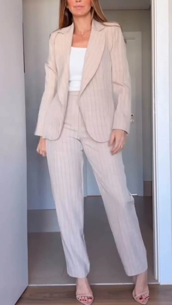 Women Collar Vertical Stripe Jacket+ Pants Temperament Commuting Suit