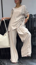 Ladies' Round Neck Side Pleated Top+ Pants Casual Set