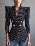 Navy Pinstripe Double-Breasted Blazer with Structured Shoulders and Nipped Waist