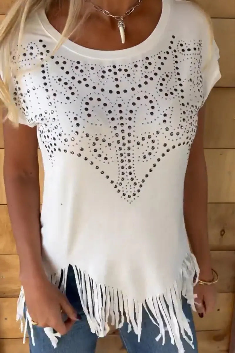Women's Round Neck Irregular Tassel Rivet Design Casual Top