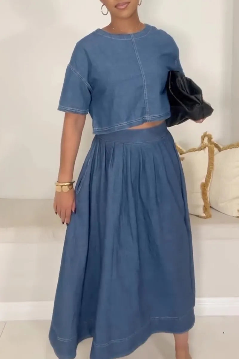 Women's Casual Crew Neck Short Sleeve Denim Top or A-Line Skirt