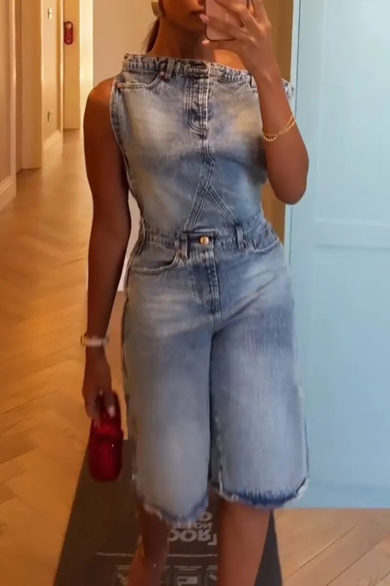 Women Patchwork Washed Denim Jumpsuit