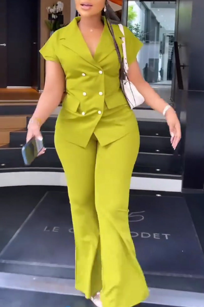 Women's Casual Short-Sleeve Double-Breasted Jacket & Flared Trousers