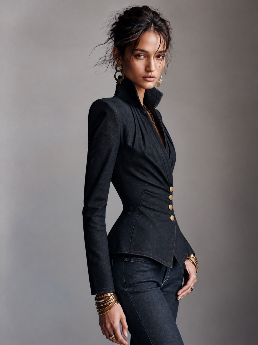 Women's Structured Dark Denim Gold Buttons Jacket With Padded Shoulders