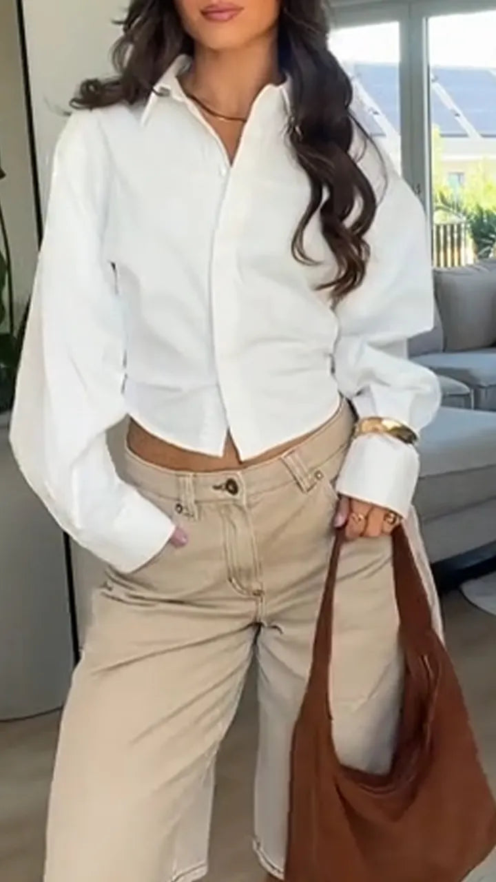 Ladies Collar Shirt+ Cropped Pants Casual Set