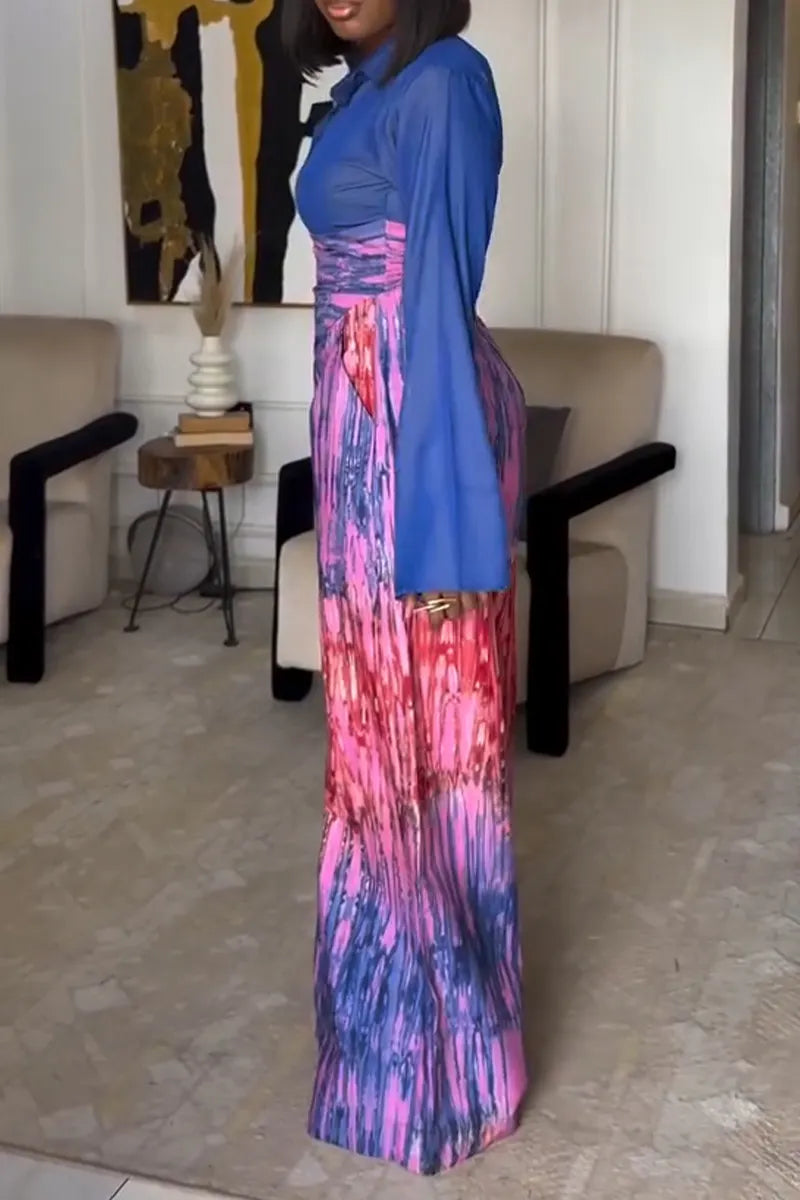 Women Collar Patchwork Print Elegant Temperament Jumpsuit