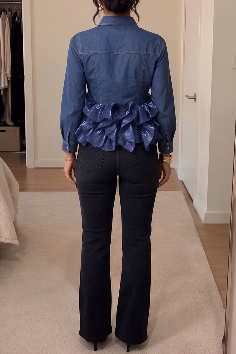 Women's Chic Button Down Denim Ruffle Hem Blue Shirt