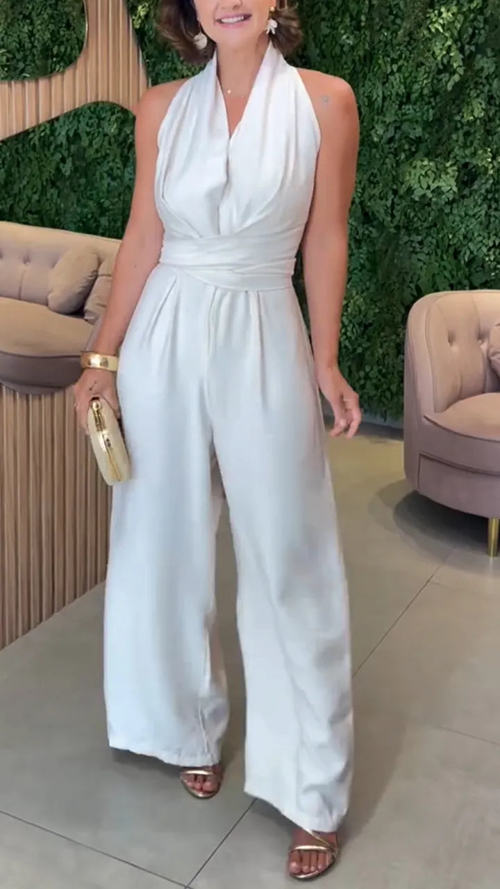 Women Halter Neck Solid Color Casual Jumpsuit
