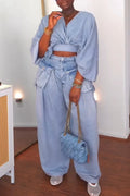 Women V-neck Top+ Spliced Wide Leg Pants Casual Set