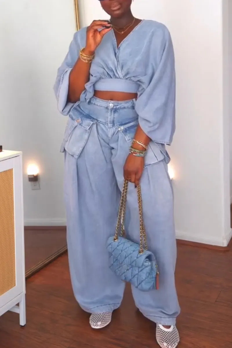 Women V-neck Top+ Spliced Wide Leg Pants Casual Set