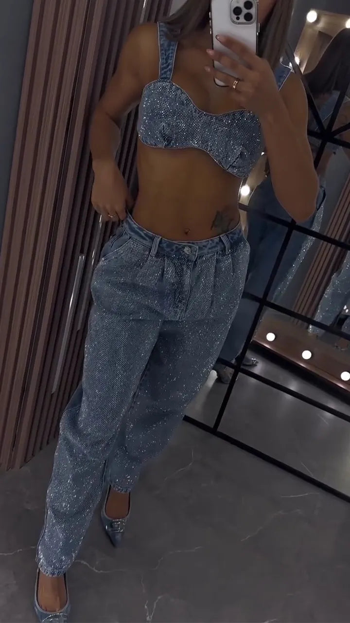 Women Strap Denim Hot Diamond Top+ Pants Casual Set