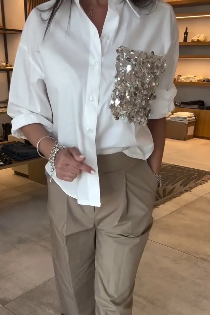 Women Collar Patchwork Sequined Pocket Shirt or Wide Leg Pants