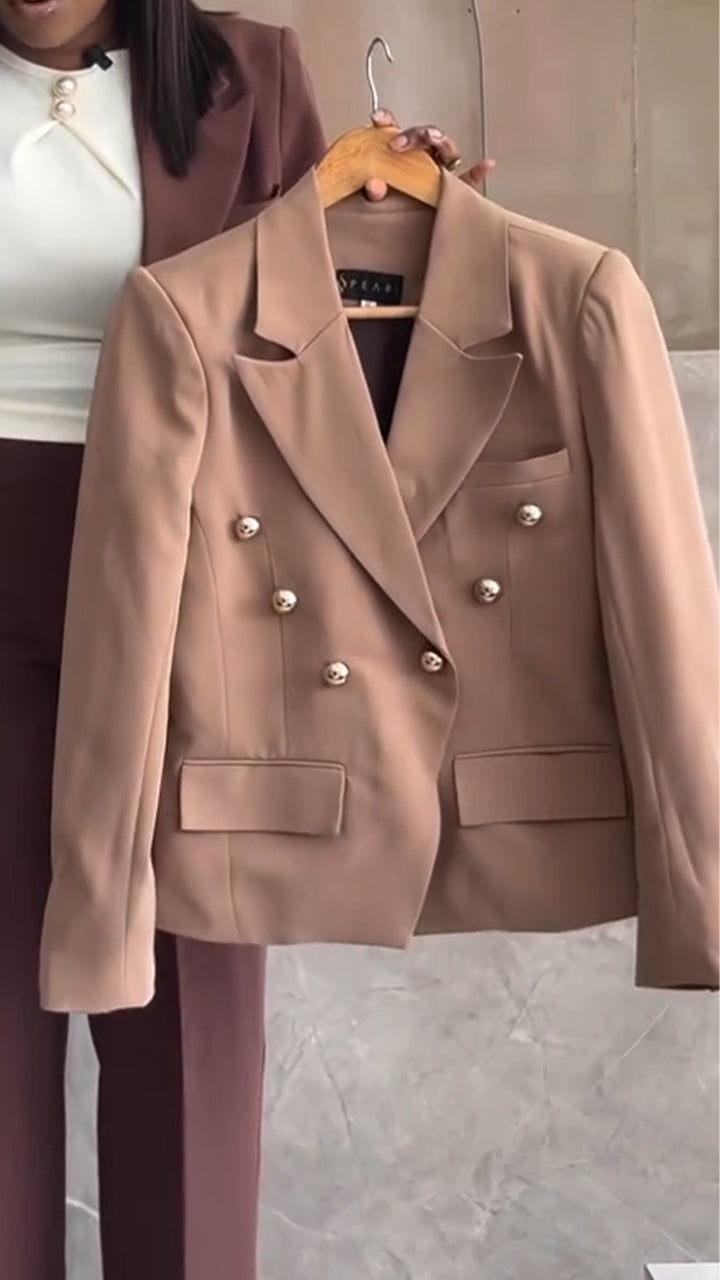 Women Collar Double Row Buckle Blazer + Pants Temperament Commuting Suit