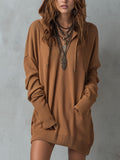 Vintage V-Neck Drawstring Ribbed Knit Hooded Mini Dress