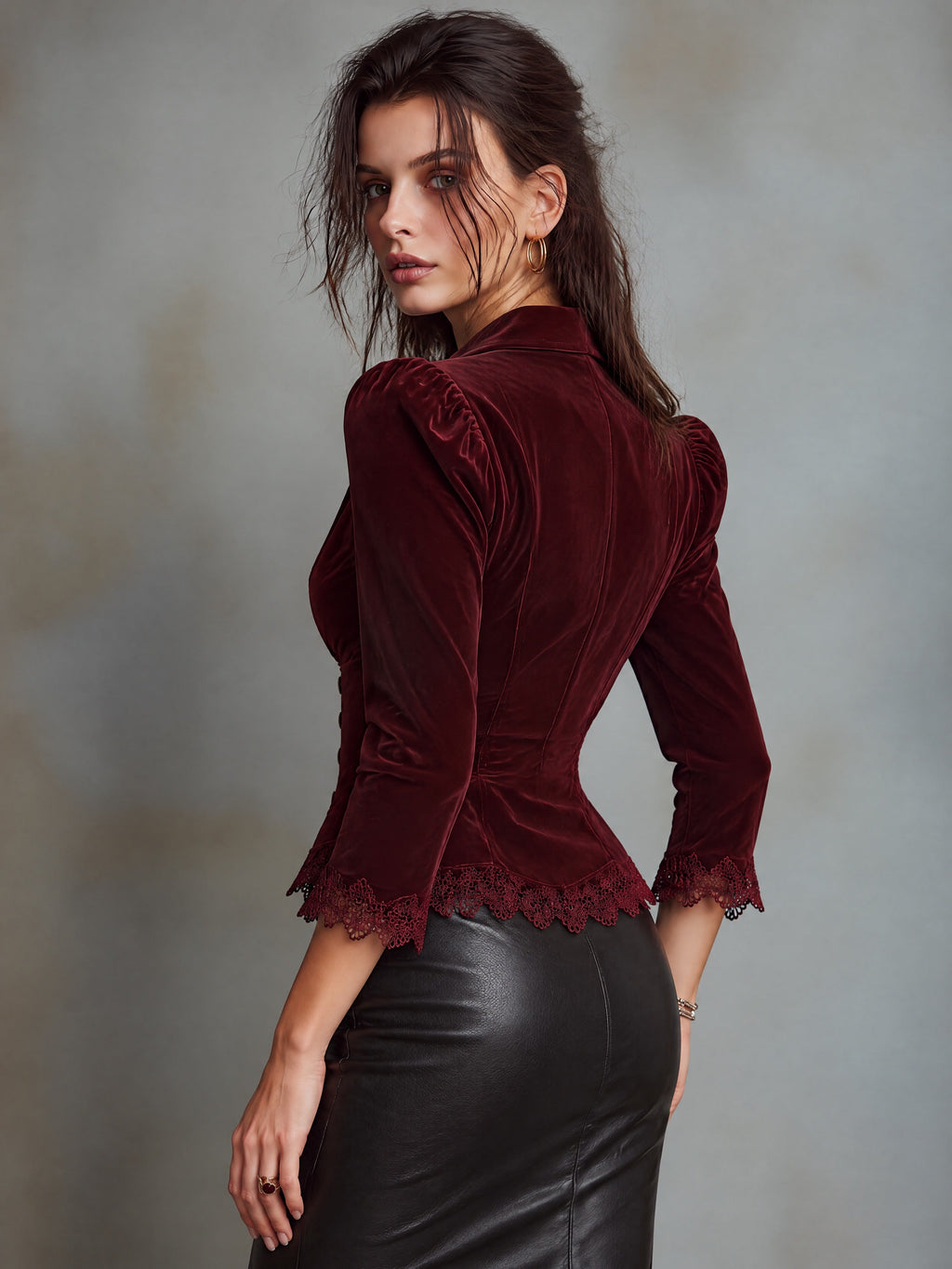 Burgundy Velvet Zip-Front Jacket With Lace Trim And Military Buttons
