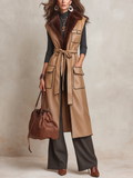 Vintage Camel Brown Polyurethane Faux Fur Collar Belted Long Vest
