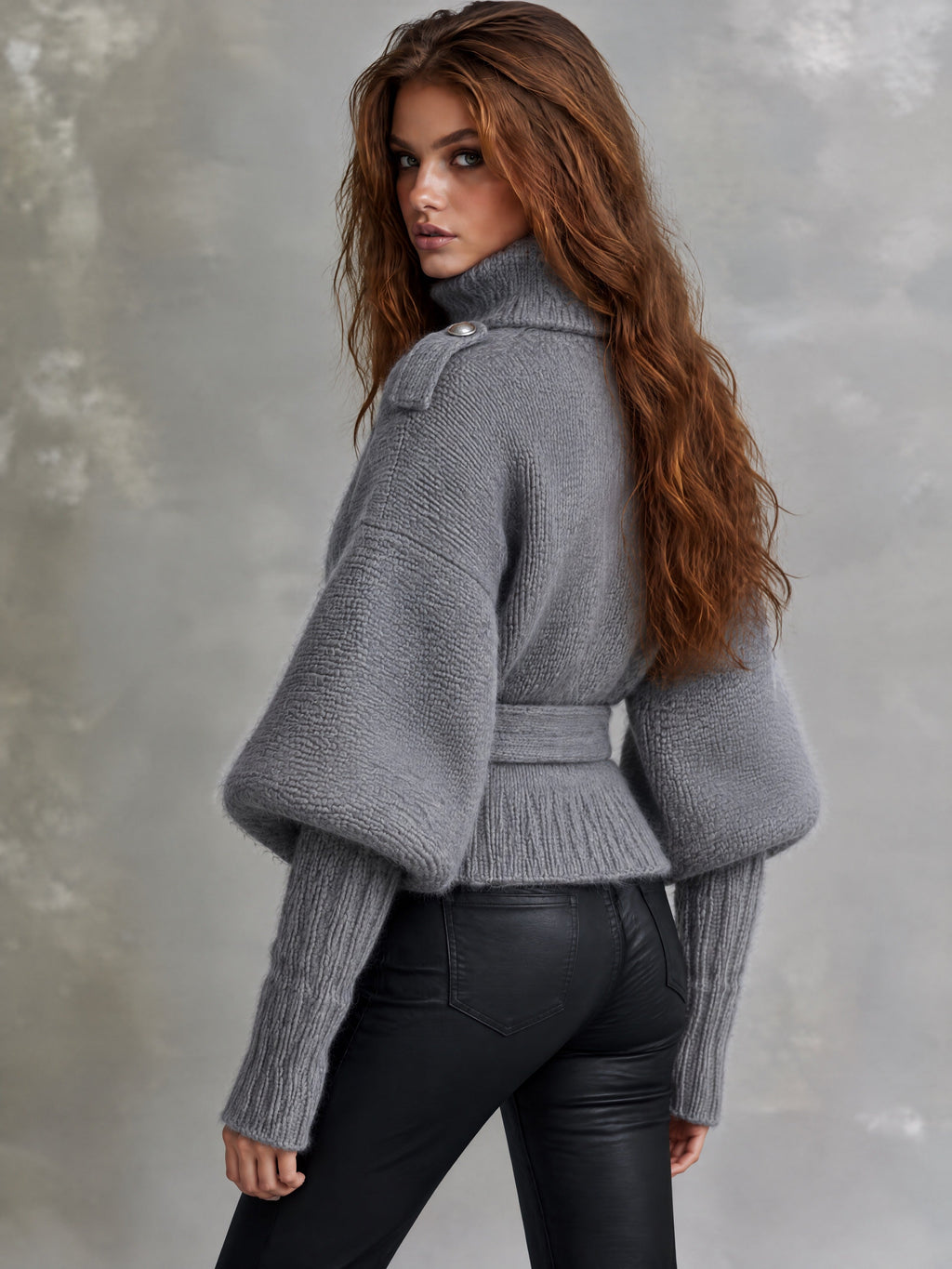 Retro Grey Knit Turtleneck Double-Breasted Belted Jacket With Puff Sleeves