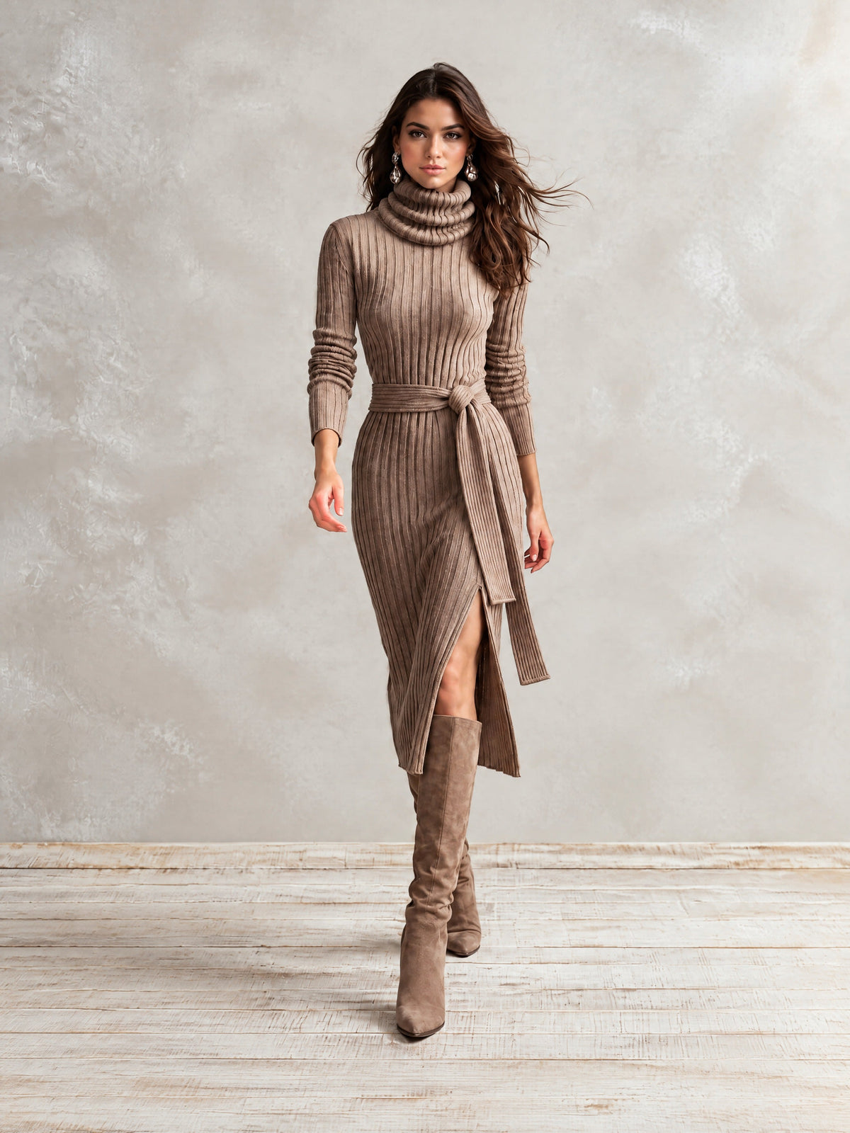 Elegant Taupe Ribbed Knit Turtleneck Midi Dress With Tie Belt And Side Slit