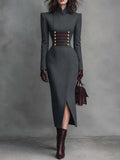 Charcoal Grey Military Stand Collar Midi Dress with Gold Buttons and Burgundy Braid Trim