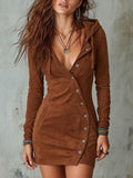 Vintage Faux Suede Asymmetrical Button-placket Slim Fit Hooded Mini Dress