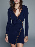 Navy Ribbed Knit Pu Trim Hooded Mini Dress with Button Detail