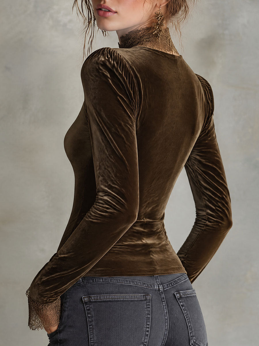 Retro Brown Plunging V-Neck Lace Trim Velvet Long Sleeve Blouse with Lace Bow Scarf